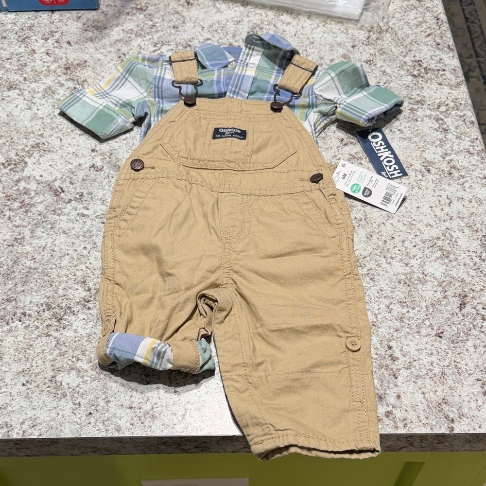 OshKosh B'gosh Beige Overalls with Green Plaid Shirt